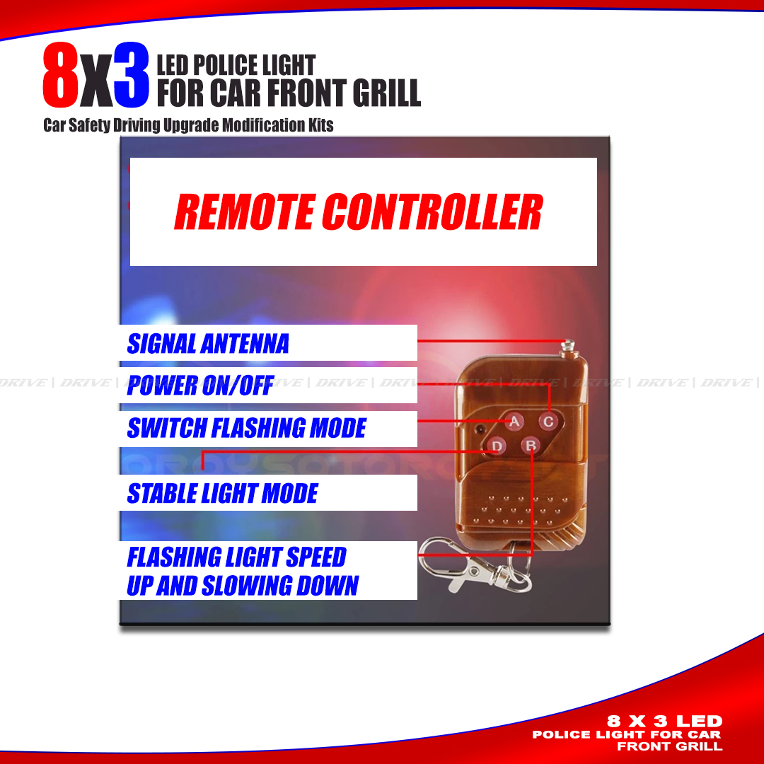 Remote Control LED Strobe Light 8 x 3 LED | Grill Car LED Light Strobe Red Blue  Remote Wireless Control Flash Signal. 