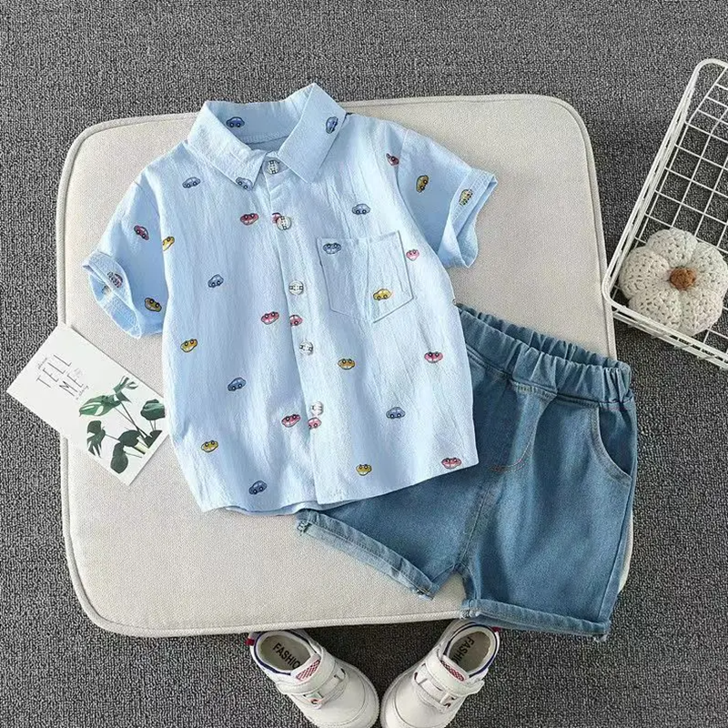 【Hengli jewelry story】(NEW)Baby boys Short sleeved shirt and jeans Two piece sets Casual kids clothing suits Handsome and cute outfit