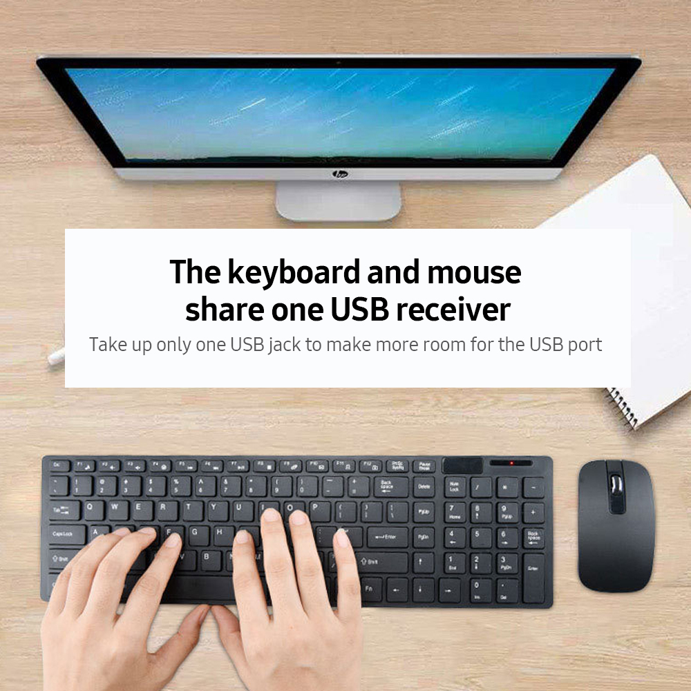 HXSJ  Keyboard Mouse Combo 2.4GHz  Keyboard 1200DPI Optical Mouse for Home Office Use Share 1 USB Receiver, Black. 