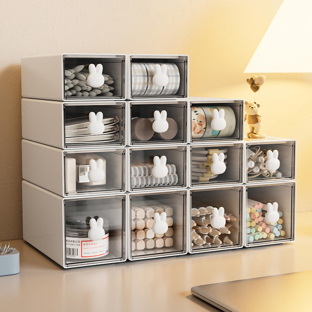 Cute Rabbit Storage Box Office Desktop Drawer Storage Box Student Transparent Stationery And Sundry Shelf - Vintage Choice. 
