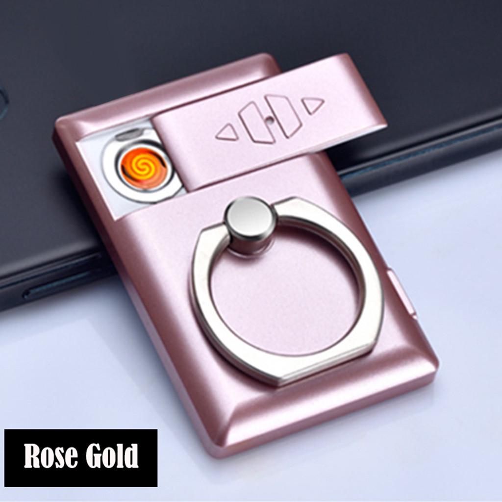 Mobile Ring Holder+USB Lighter 2 in 1 Rechargeable Flameless Ring Lighter Windproof Metal Finger Grip 360 Degree Rotation. 