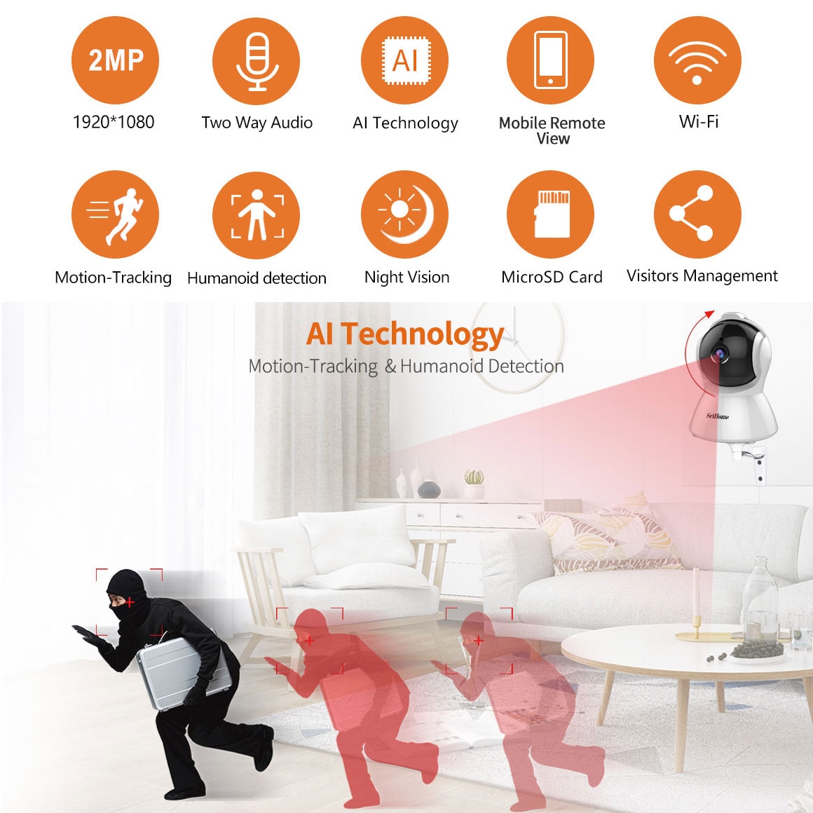 SriHome SH025 2.0 Million Pixels 1080P HD AI Auto-tracking IP Camera, Support Two Way Audio / Motion Tracking / Humanoid Detection / Night Vision / TF Card, AU Plug. 