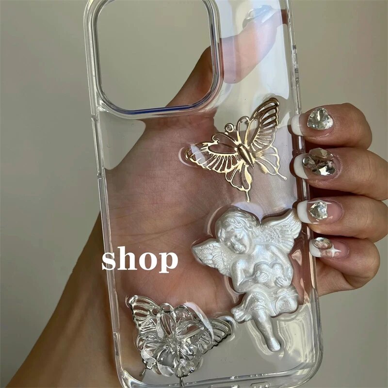 Retro 3D Angel Aesthetic Transparent Phone Case For iphone 15 14 13 12 11 Pro Max MiNi X XS XR 7 8 Plus SE Girl Epoxy Soft Cover. 