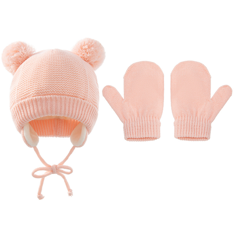 2Pcs Winter Warm Baby Hat Gloves Set Double Pompom Ear Protection