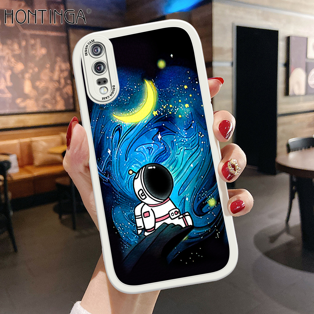 Hontinga for Huawei P20 Back Cover PU Leather Moon Astronaut Case Soft Silicone Edge Phone Cases