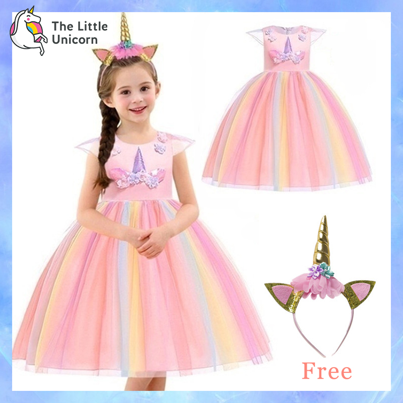 Girls Unicorn Dress Gown Night Child Birthday Party Wedding 5-14y Summer Dresses Embroidery Applique Long with Headband