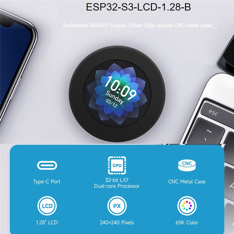 ESP32-S3 Development Board 32-Bit LX7 Dual-Core Processor with 1.28inch IPS Round LCD Display Supports WiFi/Bluetooth. 