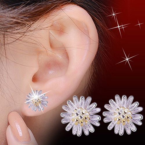 Lady's Cute Sunflower 925 Sterling Silver Ear Studs Daisy Earrings