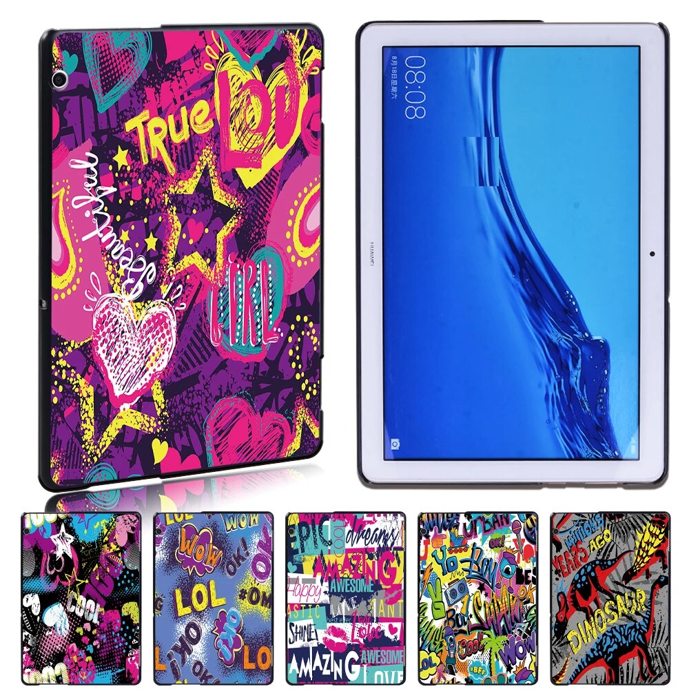 Tablet Case for Huawei MediaPad T3 8/T3 10 9.6 Inch/T5 10 10.1 Inch New Cool Graffiti Slim Hard Shell Shockproof + Free Stylus. 