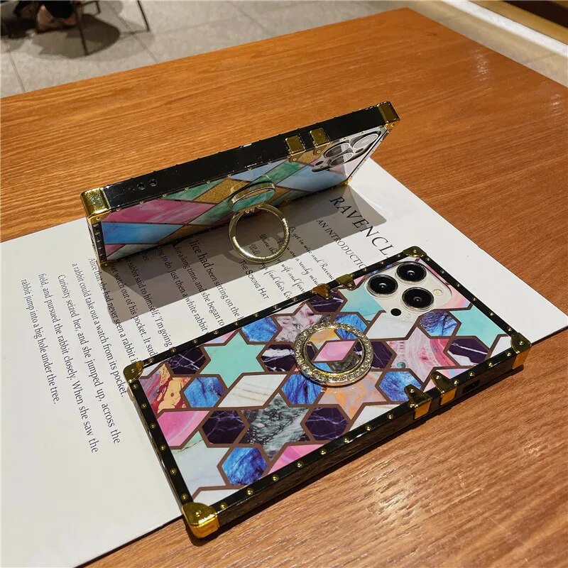 Luxury Diamond Bling Marble Square Phone Case For Samsung J2 J4 J6 Prime A50 A70 A10S A20S A30S A40 M21 M31 M12 A01 M32 A13 Lite. 