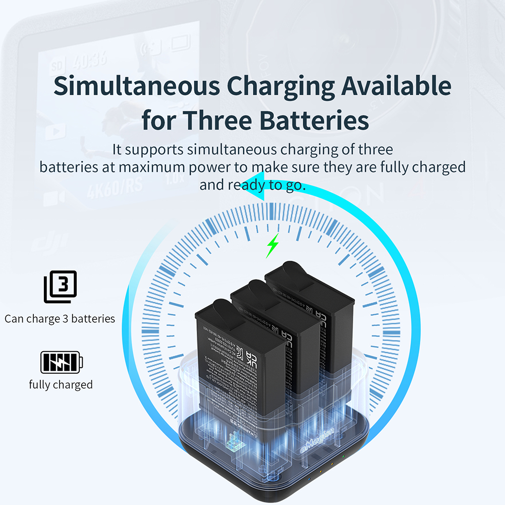 Battery Charging Hub Charging 3 Batteries Action Camera Accessories With Charging Indicator Light Charging Station Compatible For DJI OSMO Action 4/3 Cameras. 