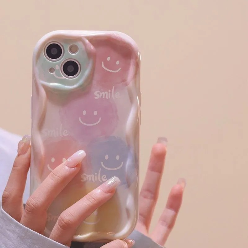 MissConnie For Oppo A57 A16 A96 A53 A5 A77 A7 A17 A12 A9 A31 A17k A16E A54 A3s A1k A74 A16K A54s A52 A77s A15 A76 A92 A5s A16s A95 A55 3D Wavy Curved Edge Cute Smile Fashion Lattice Soft Case