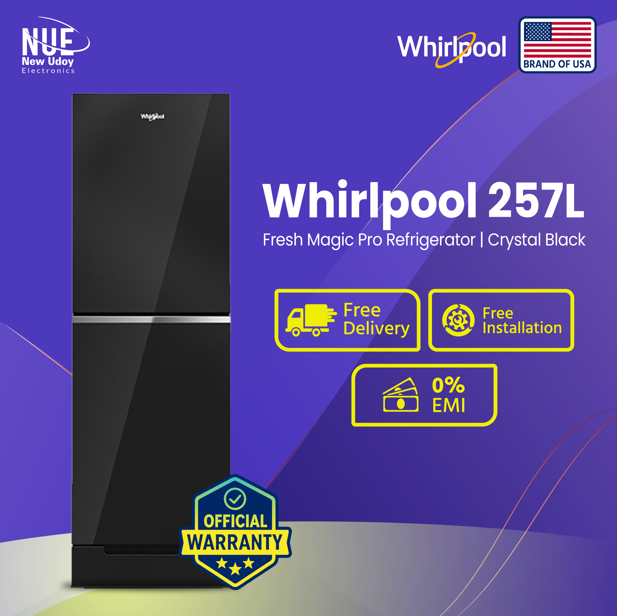 Whirlpool 257 Liter Fresh Magic Pro Crystal Black Refrigerator with official warranty with Free Delivery