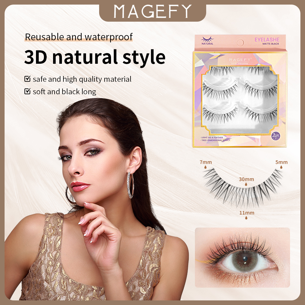 MAGEFY 3 Pair/Box 3D Natural Eyelashes Extension Full Set High Quality Hand-Made 11mm False Eyelashes C-Degree Curling Eyelashes Extension Full Set Original. 