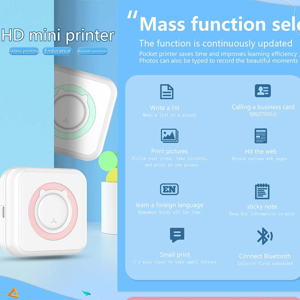 Mini Printer Portable Thermal Stickers Paper Inkless Bluetooth Wireless Impresora Android IOS Portable Label Printer. 
