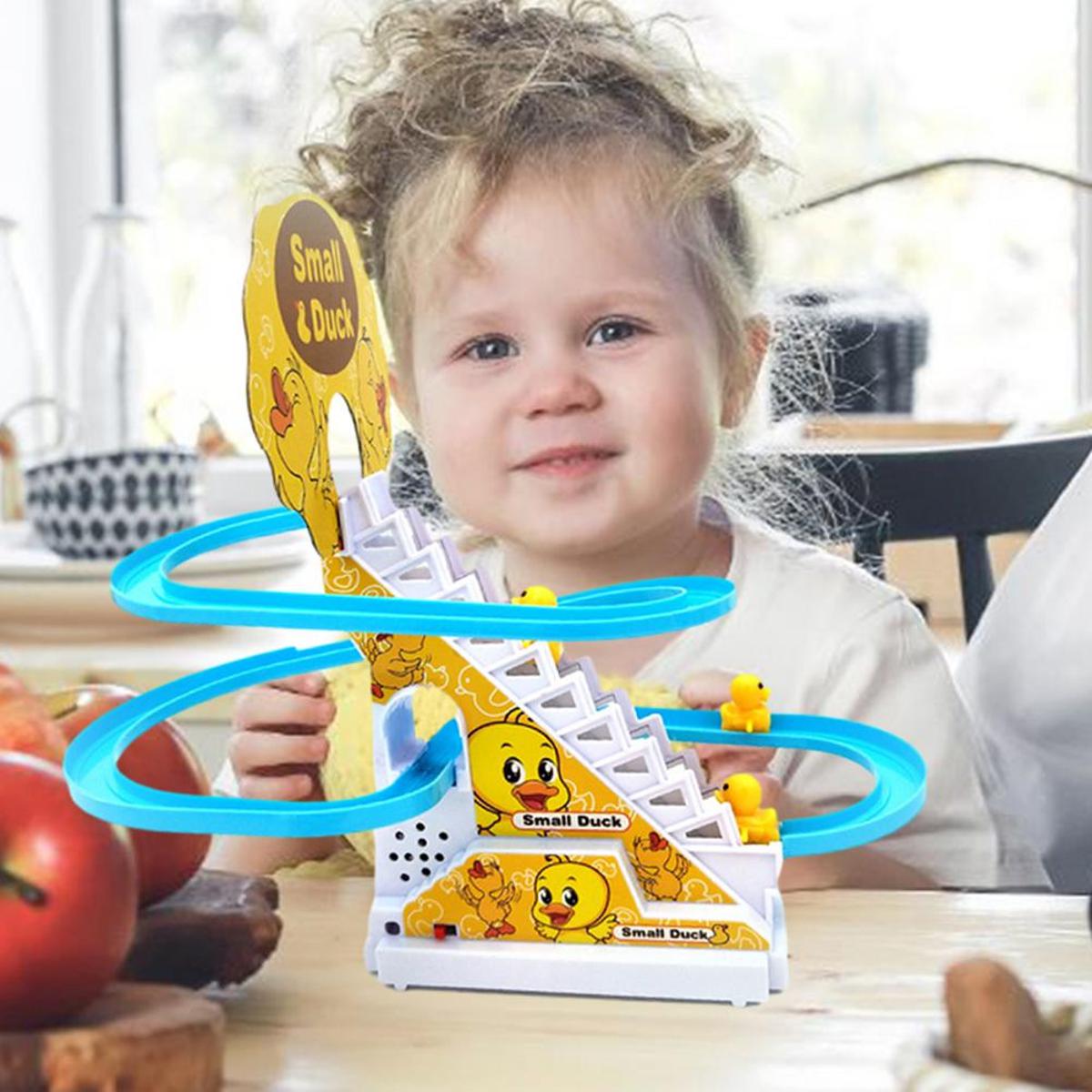 NEXTAKE Duck Slide Toy Set, Funny Automatic Stair-Climbing Ducklings Cartoon Race Track Set Little Lovely Penguins Slide Toy Escalator Toy with Lights and Music. 