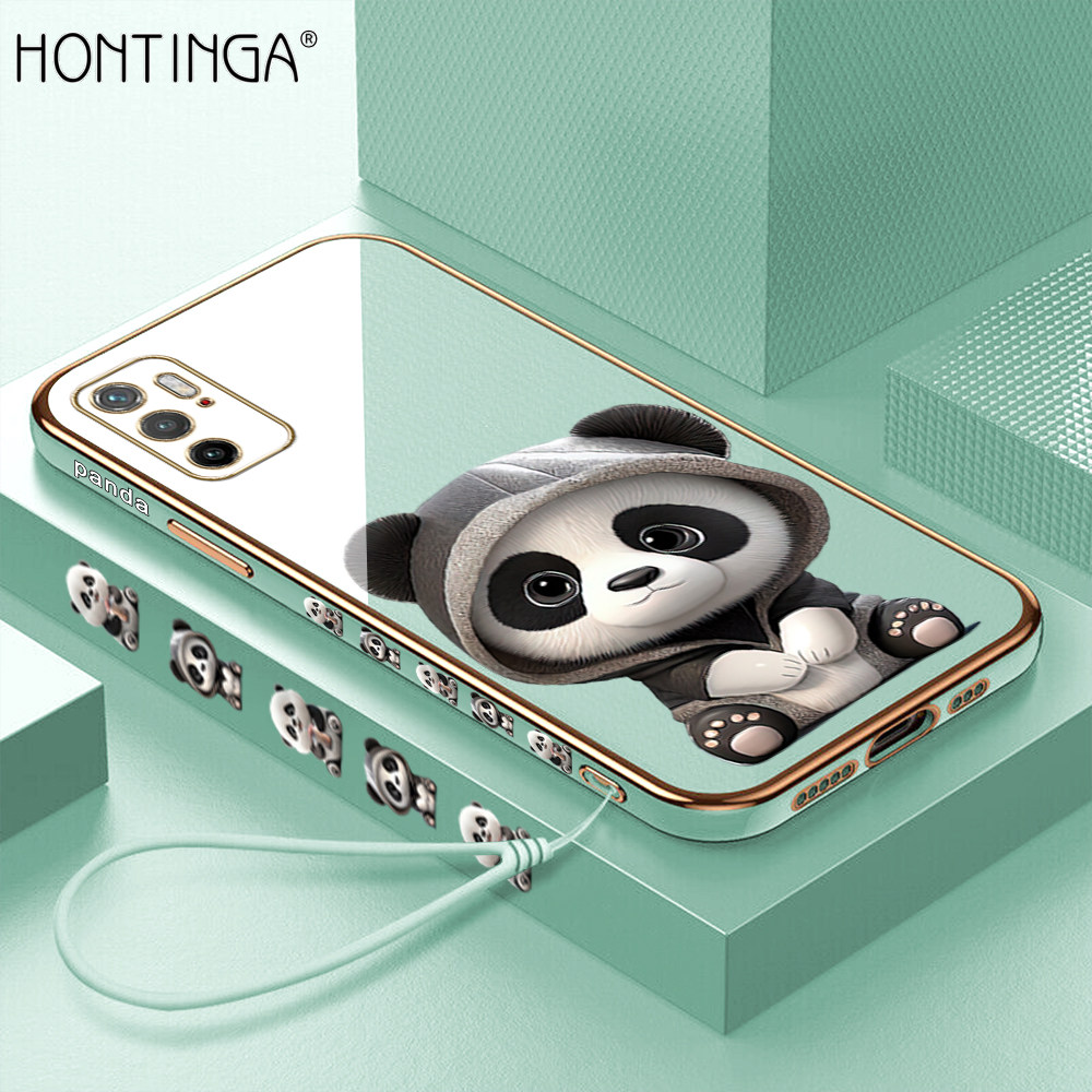 Hontinga for Xiaomi Poco M3 Pro Redmi Note 10 5G Back Cover With Free Strap Luxury 6D Plating Cute Panda Side Pattern Case Soft Silicone Square Mobile Cover