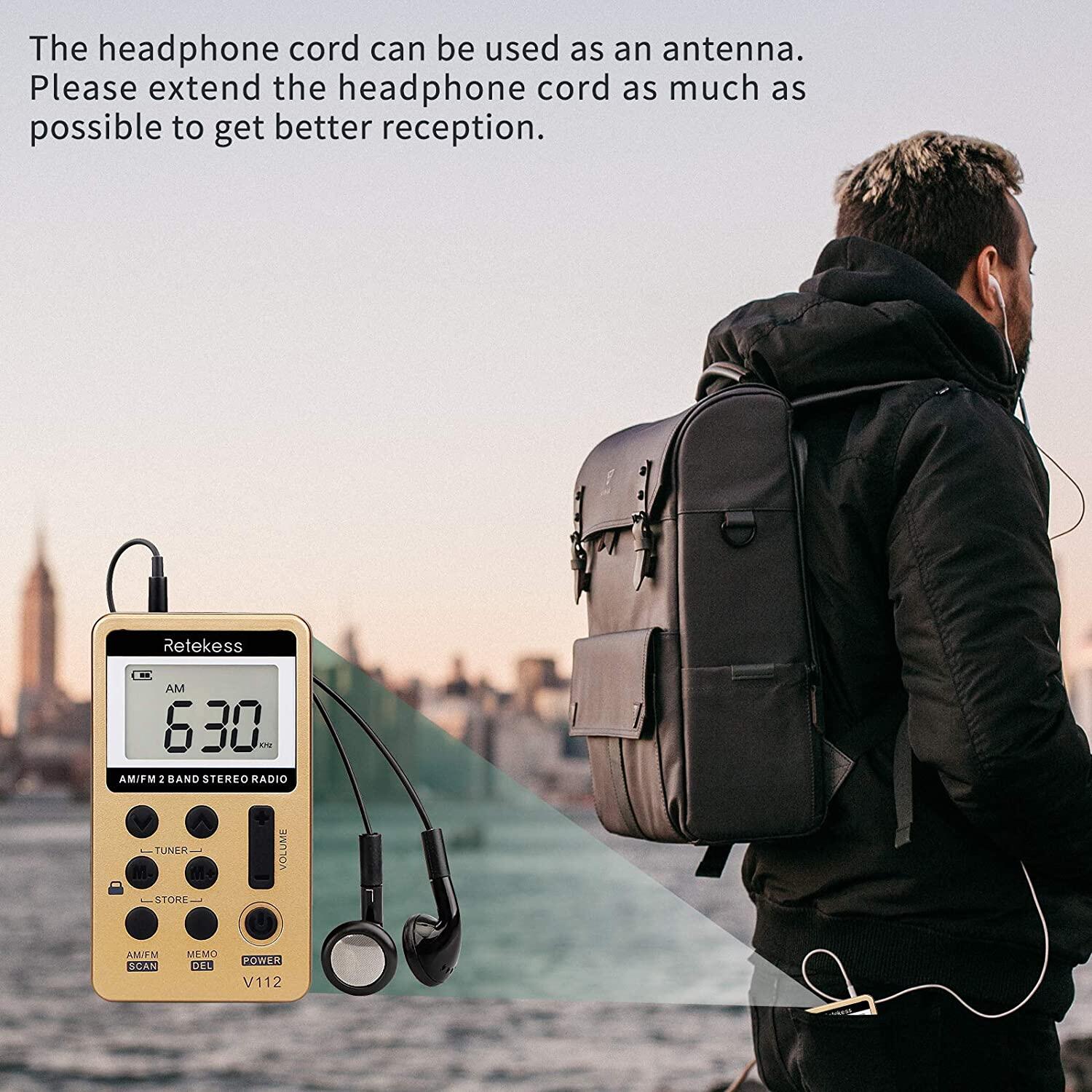 Retekess V112 AM FM Radio Portable Mini Radio with Earphone Pocket Digital Tuning Rechargeable Batteries LCD Display for Walking Jogging. 
