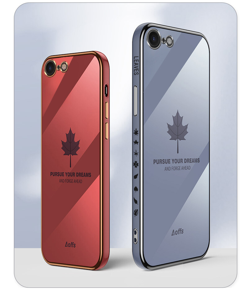 For iPhone 8 / iPhone 7 Back Cover + Wrist Strap Fashion Shiny Maple leaf Plating Square Bumper Phone Case Soft TPU Silicone Shockproof Protective Cover. 