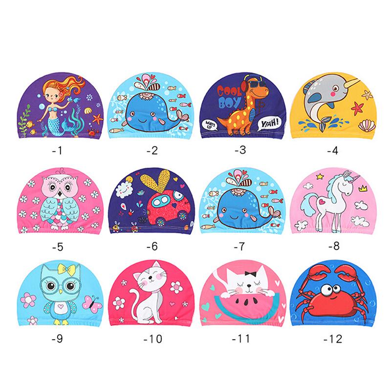 Elastic Cute Cartoon Printed Swimming Caps For Long Hair Kids Protect Ears GW 
