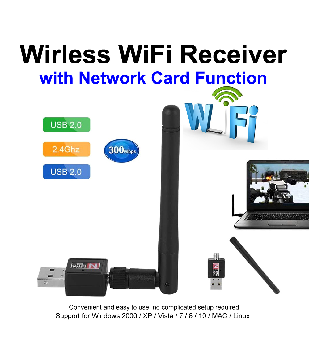 Network Adapter USB2.0 Wifi Receiver, Realtek 2.4 GHz 300Mbps Wireless Network WiFi Card Adapter for Windows 2000 / XP/Vista / 7/8 / 10 / Linux, Support 802.11b/g/n