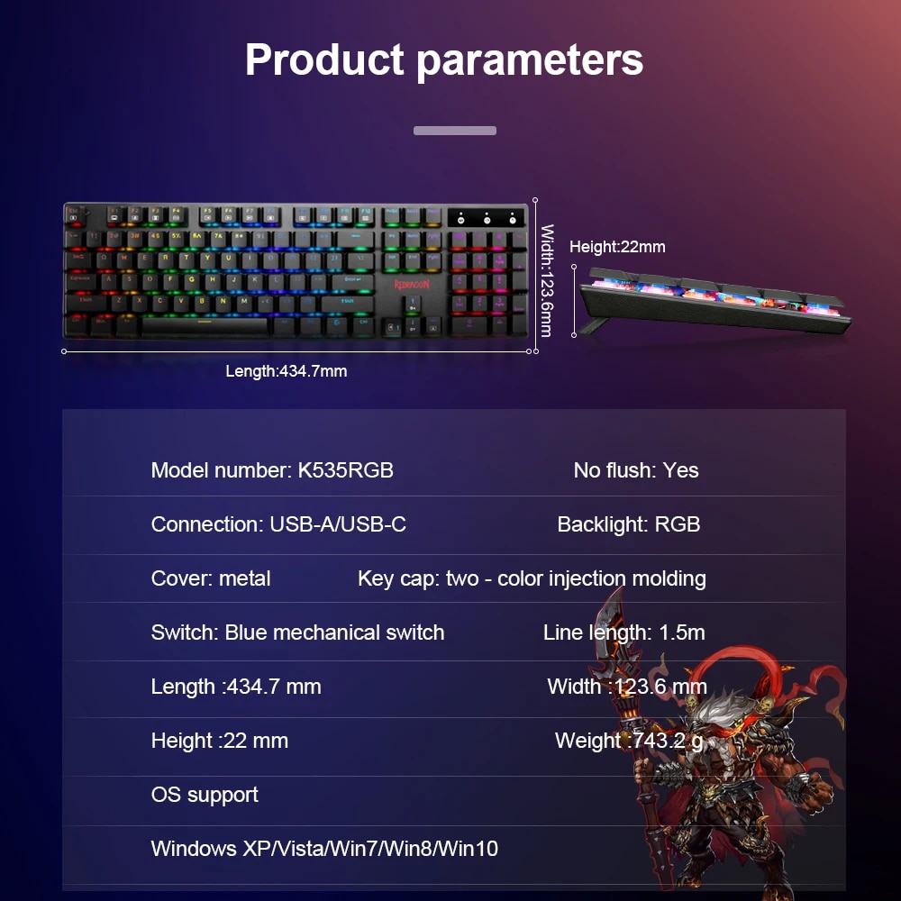 REDRAGON APAS K535-KB RGB USB Mini Slim Ultra-Thin Designed Wired Mechanical Gaming Keyboard Blue Switch 104 Keys for Compute PC. 