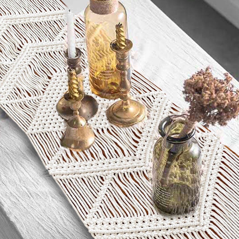 Boho Bohemian Table Runner Handmade Table Bed Tapestry Hand-woven Macrame Table Runner With Tassels Wedding Party Home Decor. 