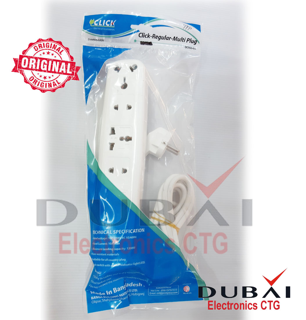 Click  Safe Multi Plug 2 Pin multiplug Socket 5 Port 9 Feet  Cable power extension cord.10A ,9 feet Cable . Click Multi plug Premium White Extension .. 