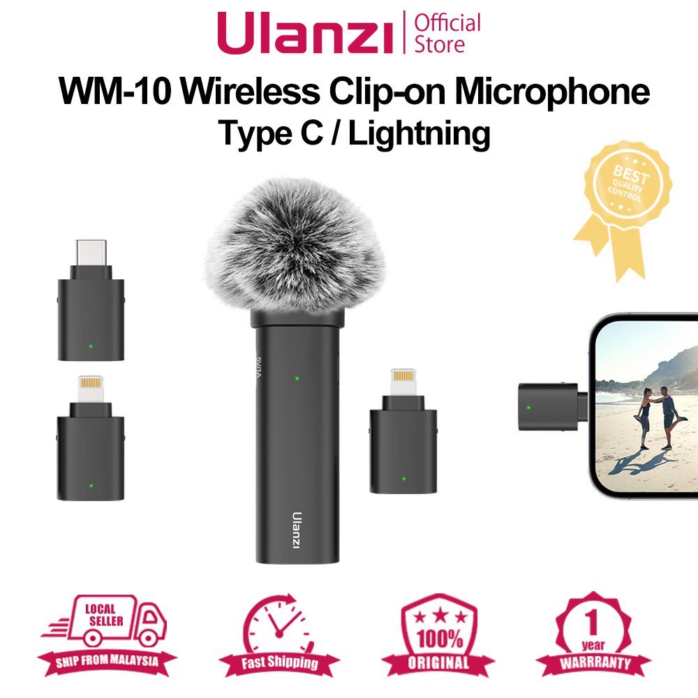 ULANZI WM-10 Wireless Lavalier Microphone for Smartphones, Plug-Play Mic with Type-C / Lightning Receiver For iPhone 15 Pro Max Samsung Galaxy S24 Ultra Video Recording Interview Youtubers Vloggers, 32.8ft Transmission Range. 