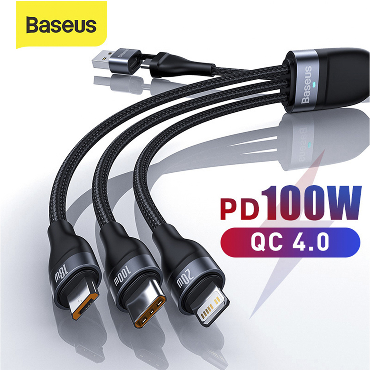 Baseus 3 in 1 Type-C PD 100W, iP PD 20W and Micro USB QC 18W with Input USB and Type-C USB Cable