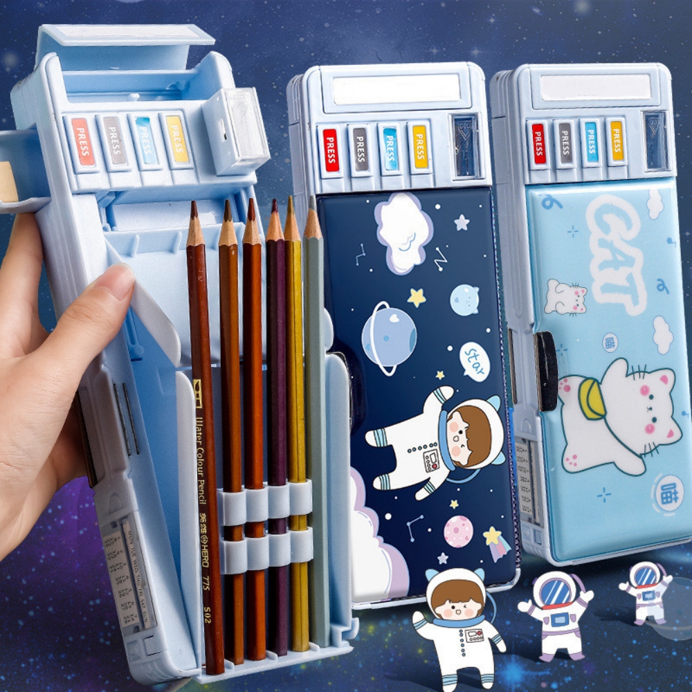 Mechanical Deformable cute pencil case with pen insert multifunctional key switch cartoon plastic school stationery storage box. 