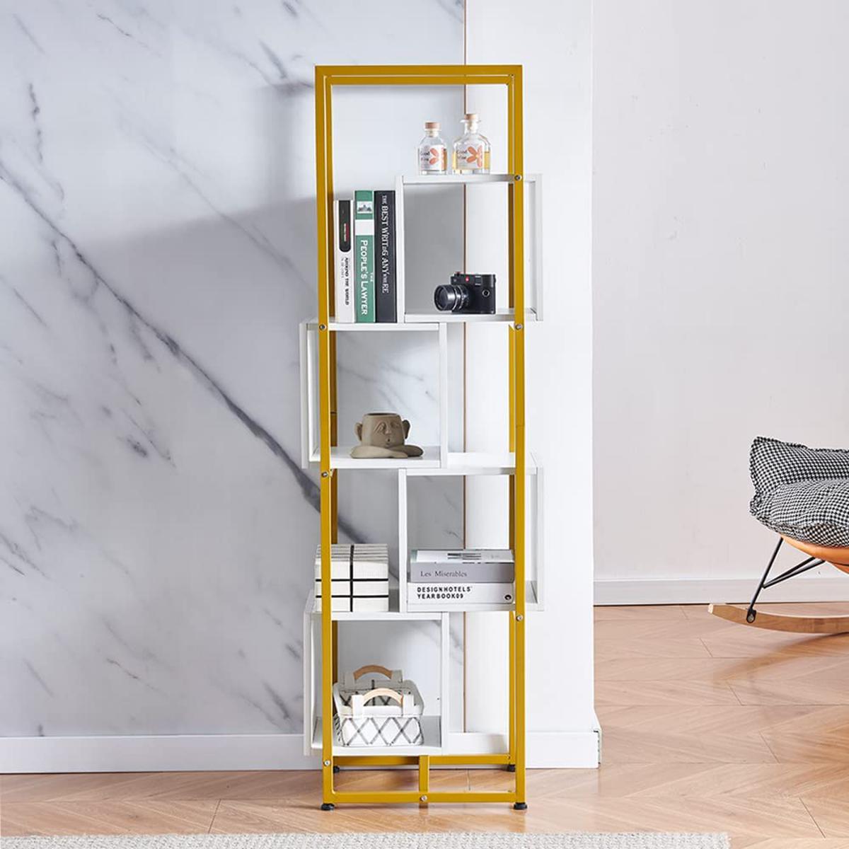 5 Tiers Bookcase S-Shape Storage Shelving Tall for Home Office, Modern Corner Book Shelf with Golden Metal Rack for Unit Media Display Slim Book Shelves Small Space