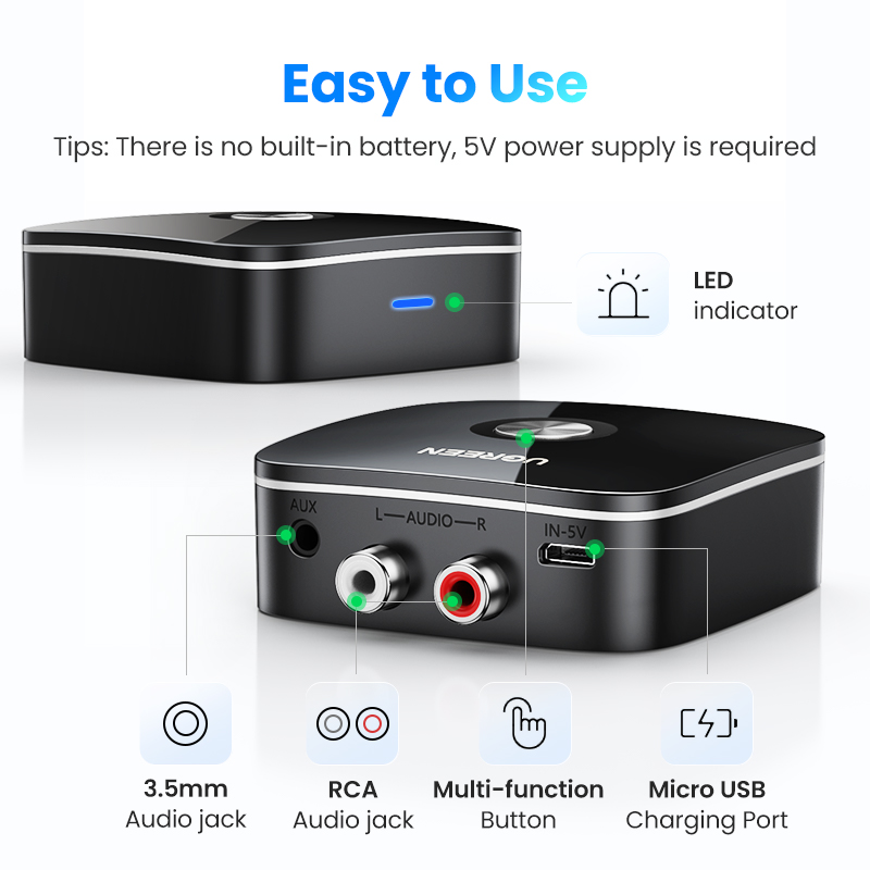 UGREEN CM106 (40759) Wireless Bluetooth Audio Receiver - Bluetooth 5.0 & EDR - 10M Wireless Connection - Premium Quality Sound. 