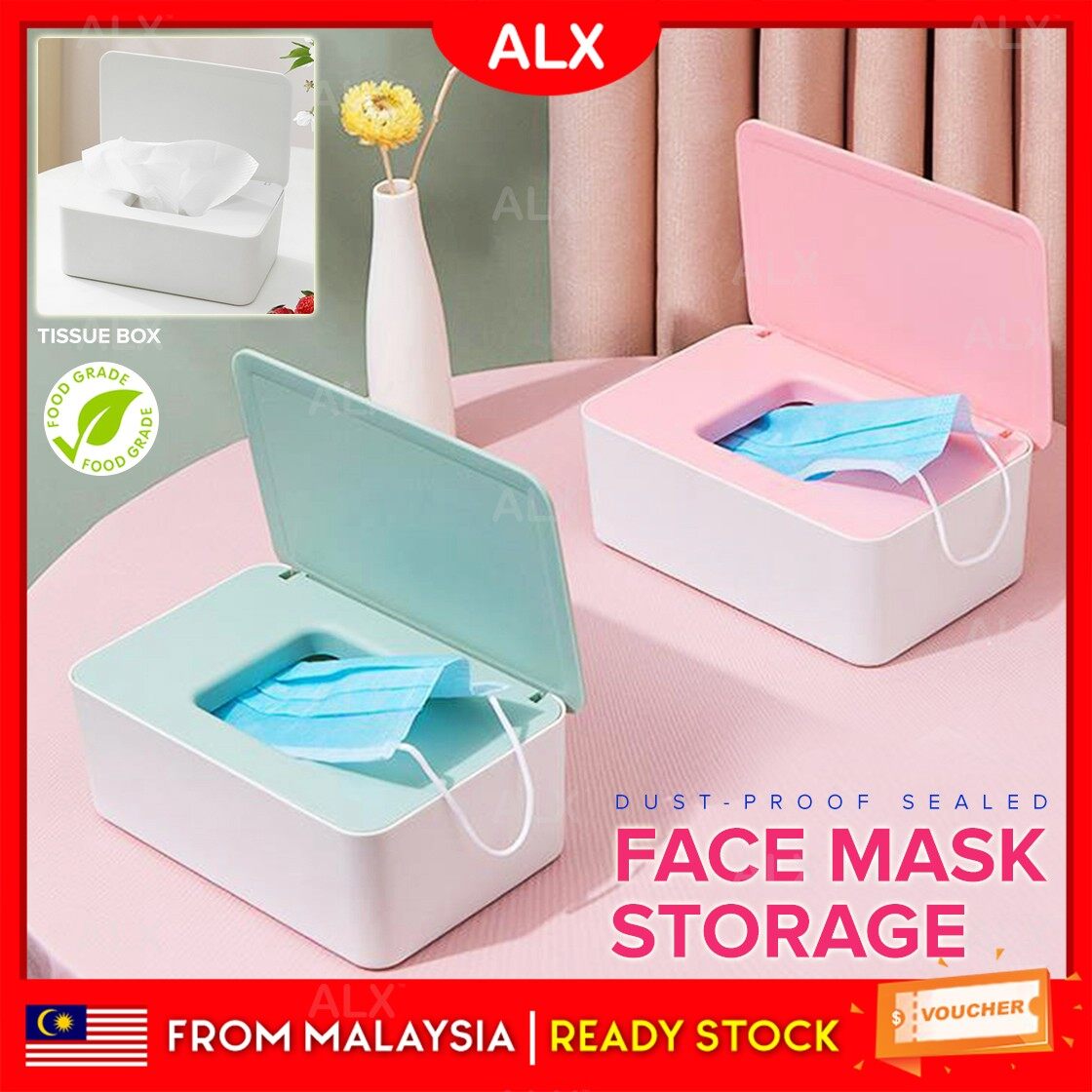 ALX Malaysia Dustproof Mask Storage Box Multifunctional Tissue Storage Case Wet Wipes Dispenser Holder With Lid for Face Cover Kotak Menyimpan Mask 防尘面罩收纳盒