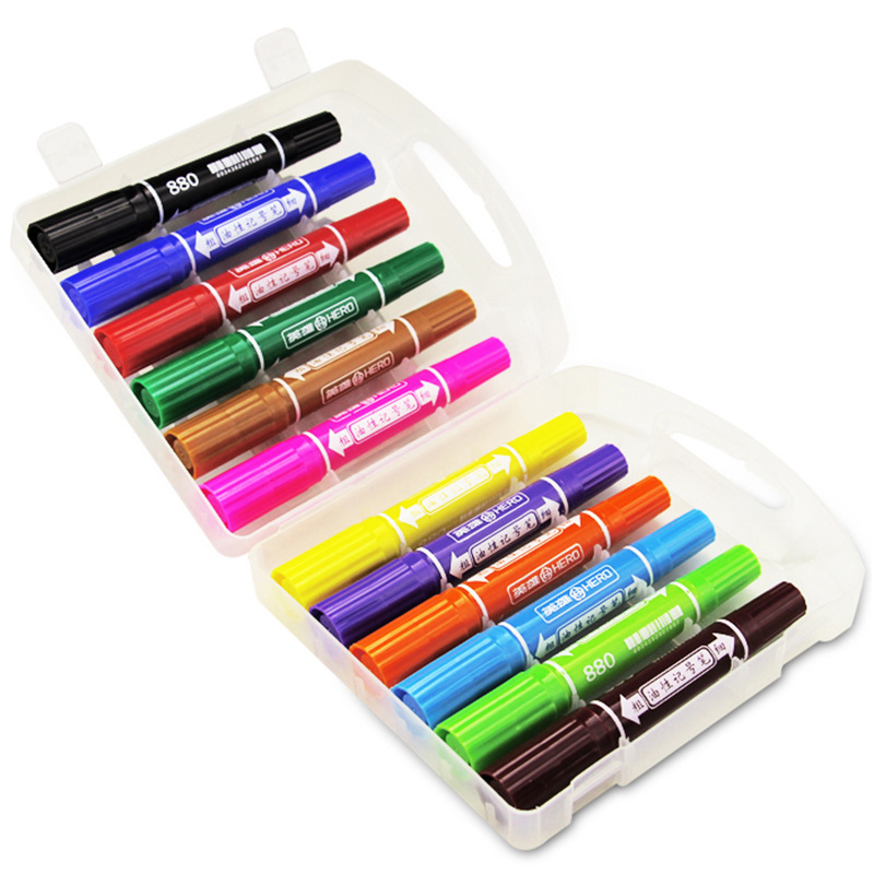 Hero 880-12 Large Double Head 12 Color Color Box Oily Marker Marker Pen Mike Pen POP Poster Pen. 