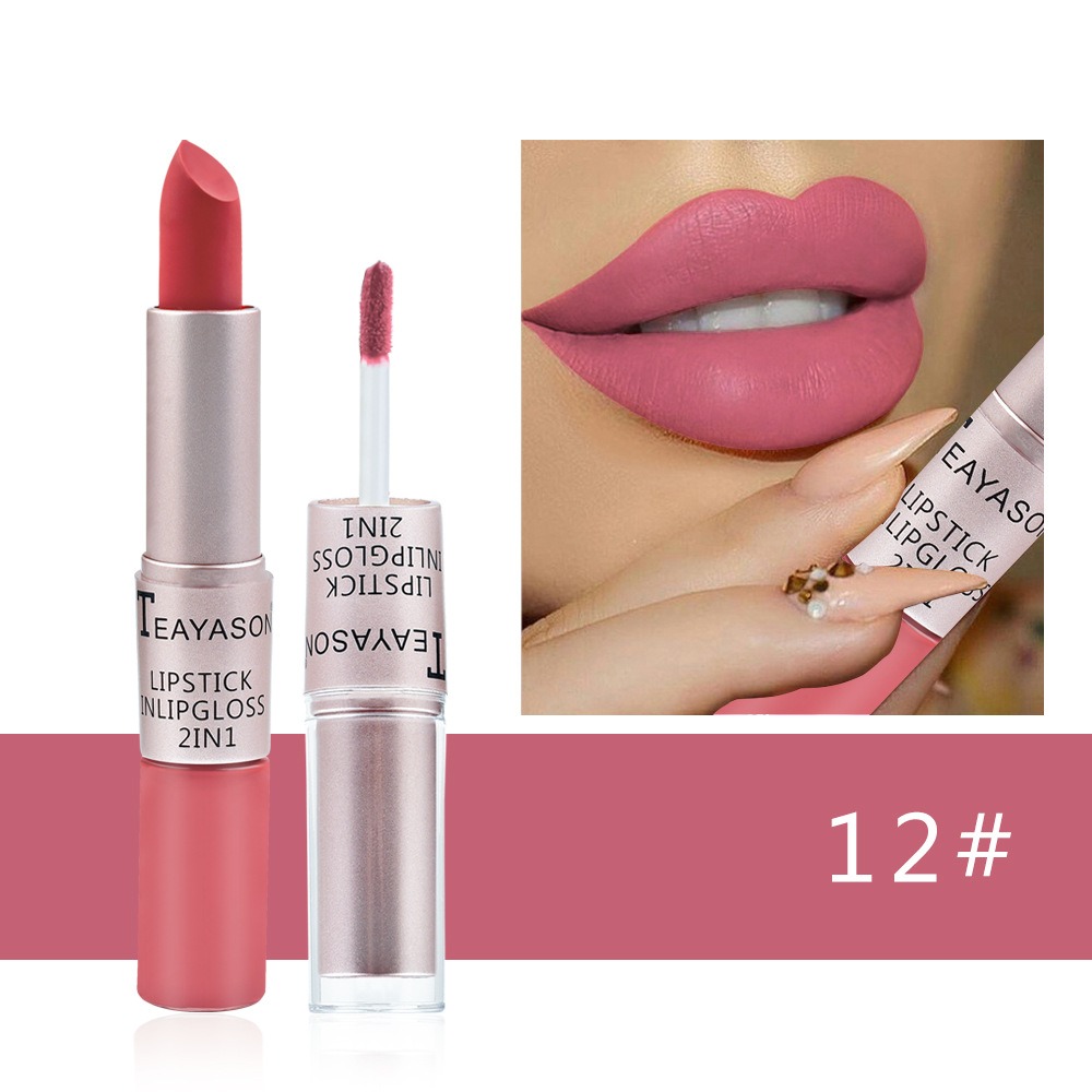 Double head non stick cup matte matte matte lip gloss 2-in-1 matte bean paste non fading cup lipstick for women. 