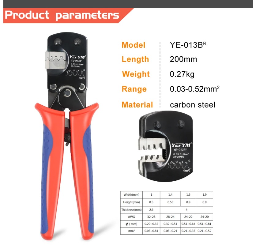 JST DuPont Terminals XH2.54/PH2.0/ZH1.5/SH1.0/ DuPont 2.0/2510 Pliers YE-013BR Mini Crimping Tools 0.03-0.52mm²/32-20AWG. 