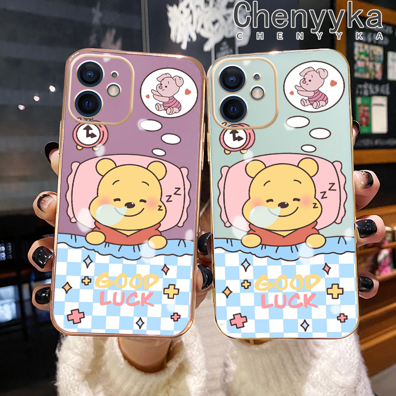 Chenyyka For vivo v23 4G V23 5G S12 5G Case Cartoon Winnie the Pooh New Design Plating Phone Case Square Edge Pattern Shockproof Soft Shell Full Cover Camera Lens Protection Case. 