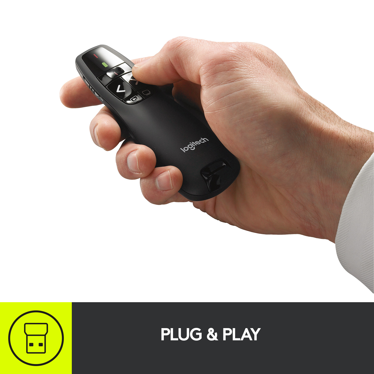 Logitech R400 Wireless Presentation Remote, 2.4 GHz, USB-Receiver, Red Laser Pointer, 15-Meter Operating Range, 6 Buttons, Intuitive Slideshow Control, Battery Indicator, PC - Black. 