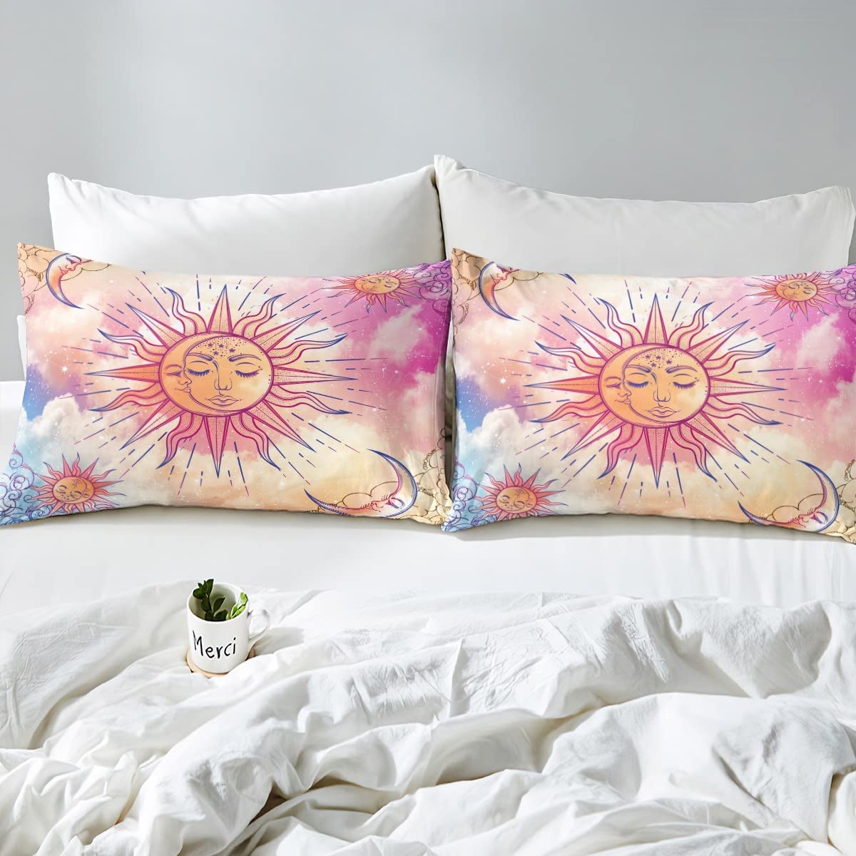Sun and Moon Sheet Set Full King Size,Stars Moon Bedding Set Pink Blue Pastel Tie Dye Fitted Sheet Constellations Bed Sheets Set. 