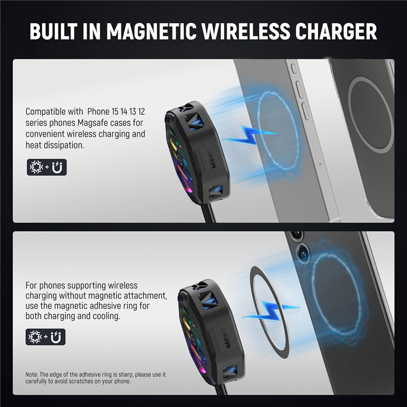 Phone Cooler Magnetic Wireless Charger with RGB Lighting, 3 Level Quick Cooling Fan for Phone Gaming Live Streaming Easy Install. 