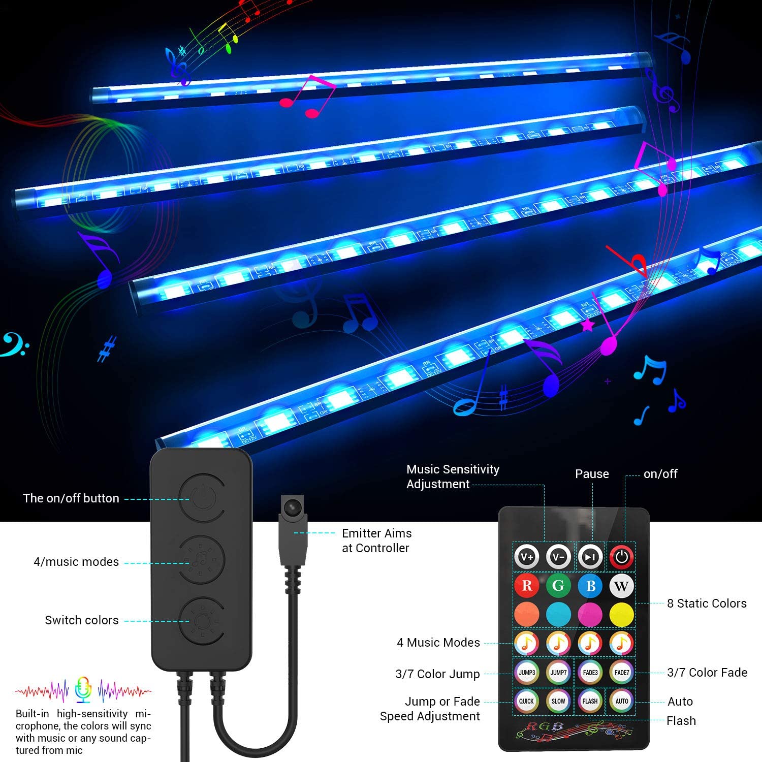 4 in 1 LED Car Interior Decoration Light Strip Bluetooth APP Control RGB Car Atmosphere Ambient Lamp Light USB Charge Waterproof-72LED USB Plug---. 