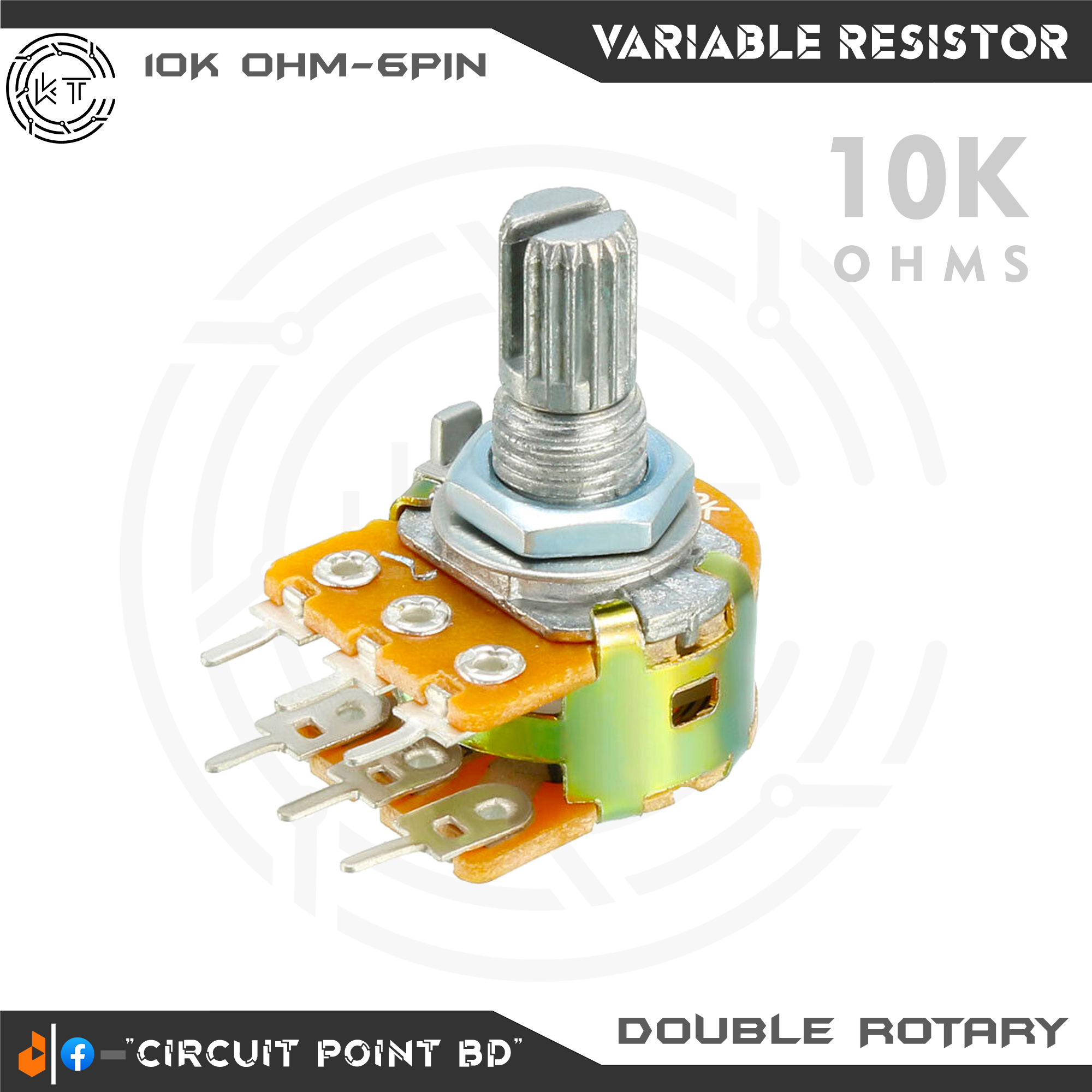 10K Ohm 2Pcs Pack Double Layer Variable Resistor / Potentiometer 6 Pin Dual Gang Linear Taper, Rotary, Adjustable Variable Resistor / Potentiometer For Electric & Electronics.