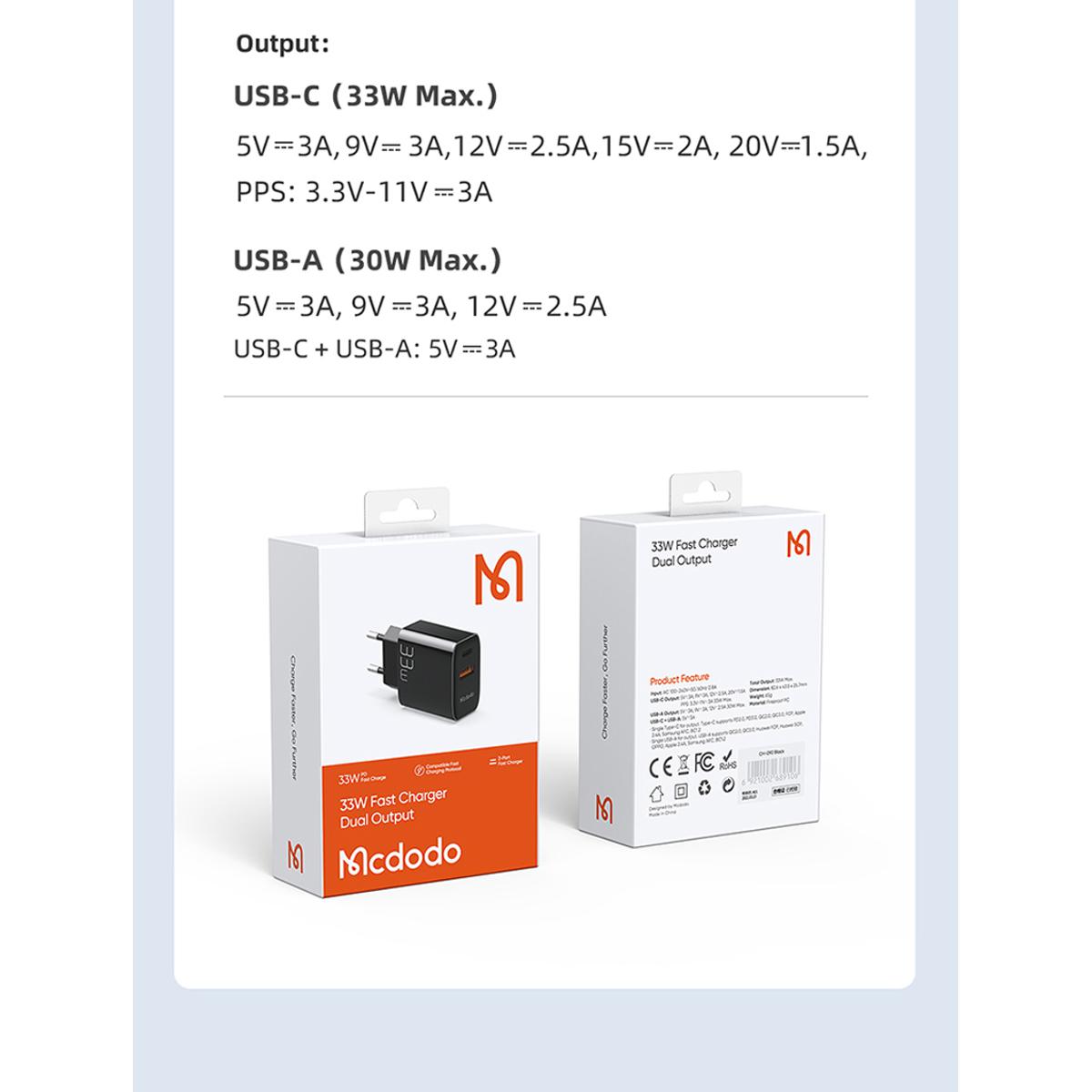 MCDODO CH-0921 MDD PD 33W USB-A + Type-C Dual Output Fast Charger Cell Phone Charger Adapter EU Plug