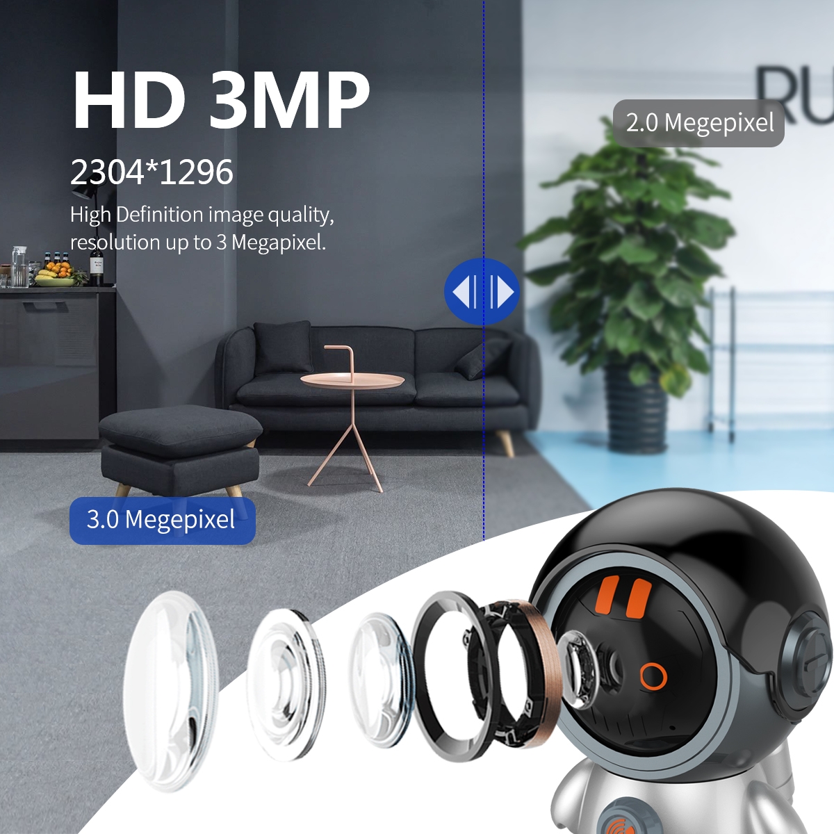 ESCAM PT302 Robot 3MP One Click Call Humanoid Detection WiFi IP Camera. 