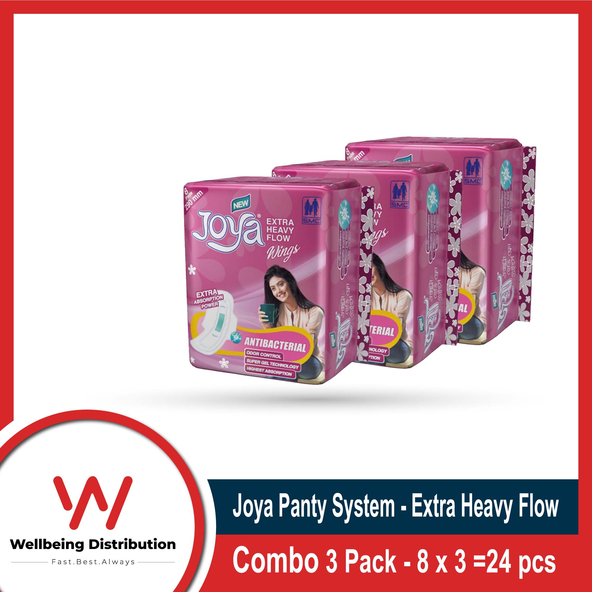 Joya Sanitary Napkin - Wings Extra Heavy Flow - 8 Pads Pack - Panty/Wings System - Combo of 3 Pack - 24 Pads - pad