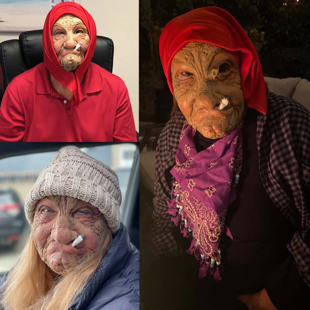 2024 Funny Smoking Granny Old Nana Latex Mask Lady Grandma With Wrinkled Face and Red Scarf Masks Halloween Party Costume Props. 