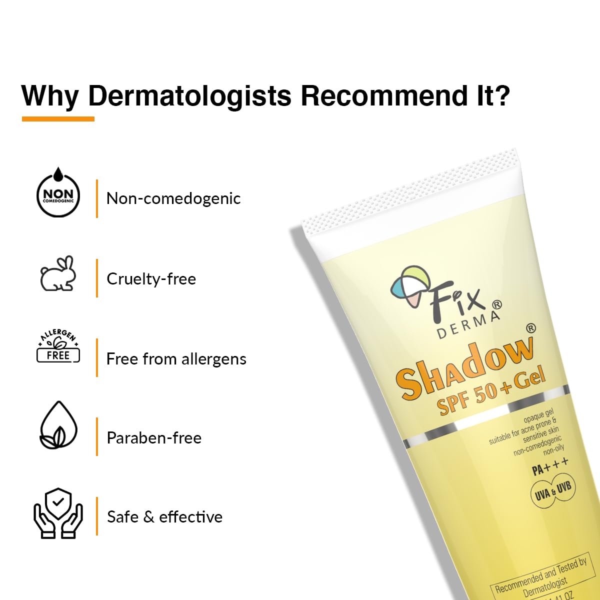 FIXDERMA Shadow Sunscreen Spf 50+ Gel For Oily Skin, Body & Face, Broad Spectrum For Uva & Uvb Protection For Unisex, Non Greasy & Water Resistant, 40g. 