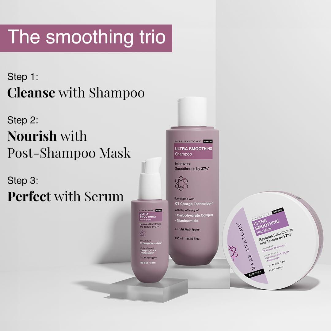 Bare Anatomy Ultra Smoothing Shampoo for Dry and Frizzy Hair | Restores Smoothing & Texture by 37% | Powered By Carbohydrate Complex & Niacinamide | SLS & Paraben Free | Vegan | For Men & Women -250ml. 