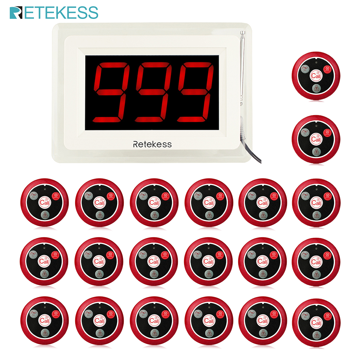 RETEKESS Wireless Waiter System Restaurant Pager 999 Channel RF Receiver Display Host +10Pcs T117 Call Button Customer Service. 